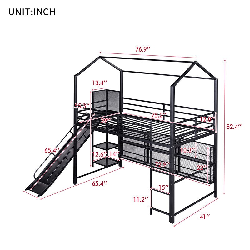 Bellemave® Twin Size Metal House Loft Bed with Iron mesh Shelves and Slide - Bellemave