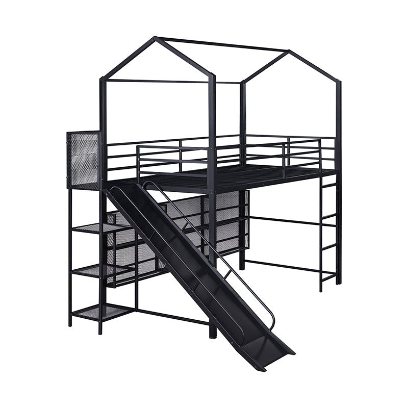 Bellemave® Twin Size Metal House Loft Bed with Iron mesh Shelves and Slide - Bellemave