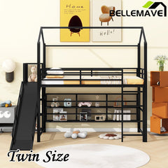 Bellemave® Twin Size Metal House Loft Bed with Iron mesh Shelves and Slide - Bellemave