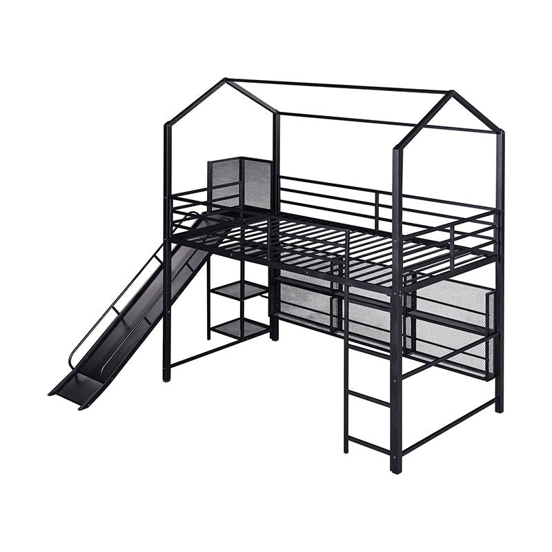Bellemave® Twin Size Metal House Loft Bed with Iron mesh Shelves and Slide - Bellemave