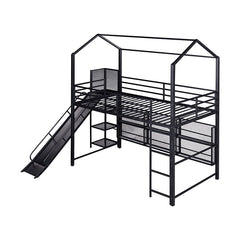 Bellemave® Twin Size Metal House Loft Bed with Iron mesh Shelves and Slide - Bellemave