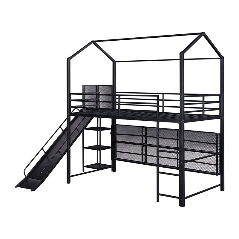 Bellemave® Twin Size Metal House Loft Bed with Iron mesh Shelves and Slide - Bellemave