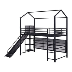 Bellemave® Twin Size Metal House Loft Bed with Iron mesh Shelves and Slide - Bellemave
