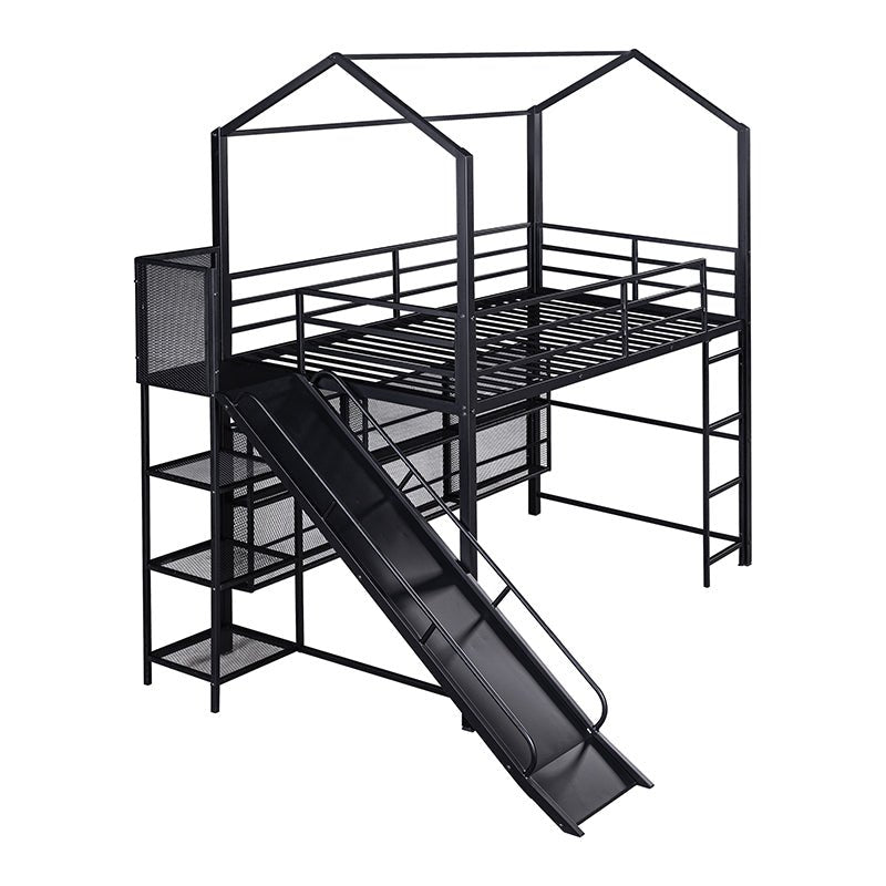Bellemave® Twin Size Metal House Loft Bed with Iron mesh Shelves and Slide - Bellemave