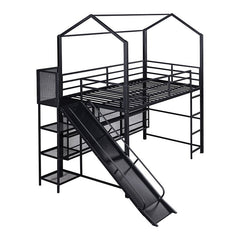 Bellemave® Twin Size Metal House Loft Bed with Iron mesh Shelves and Slide - Bellemave