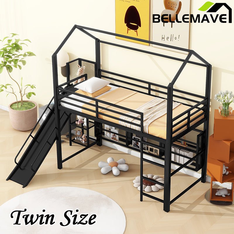 Bellemave® Twin Size Metal House Loft Bed with Iron mesh Shelves and Slide - Bellemave