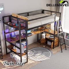 Bellemave® Twin Size Metal Loft Bed with Built - in Work Station, LED and Multiple Storage - Bellemave
