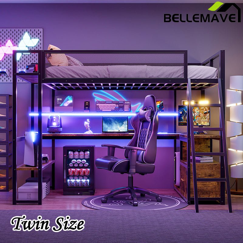 Bellemave® Twin Size Metal Loft Bed with Built - in Work Station, LED and Multiple Storage - Bellemave