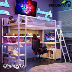 Bellemave® Twin Size Metal Loft Bed with Built - in Work Station, LED and Multiple Storage - Bellemave