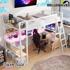 Bellemave® Twin Size Metal Loft Bed with Built - in Work Station, LED and Multiple Storage - Bellemave