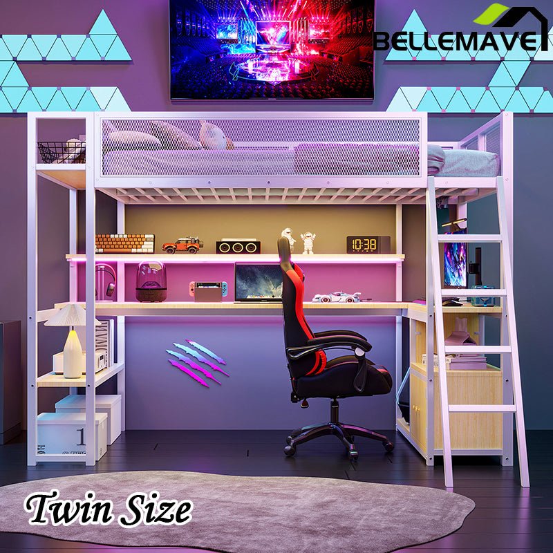 Bellemave® Twin Size Metal Loft Bed with Built - in Work Station, LED and Multiple Storage - Bellemave