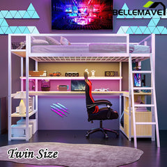 Bellemave® Twin Size Metal Loft Bed with Built - in Work Station, LED and Multiple Storage - Bellemave