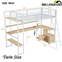 Bellemave® Twin Size Metal Loft Bed with Built - in Work Station, LED and Multiple Storage - Bellemave