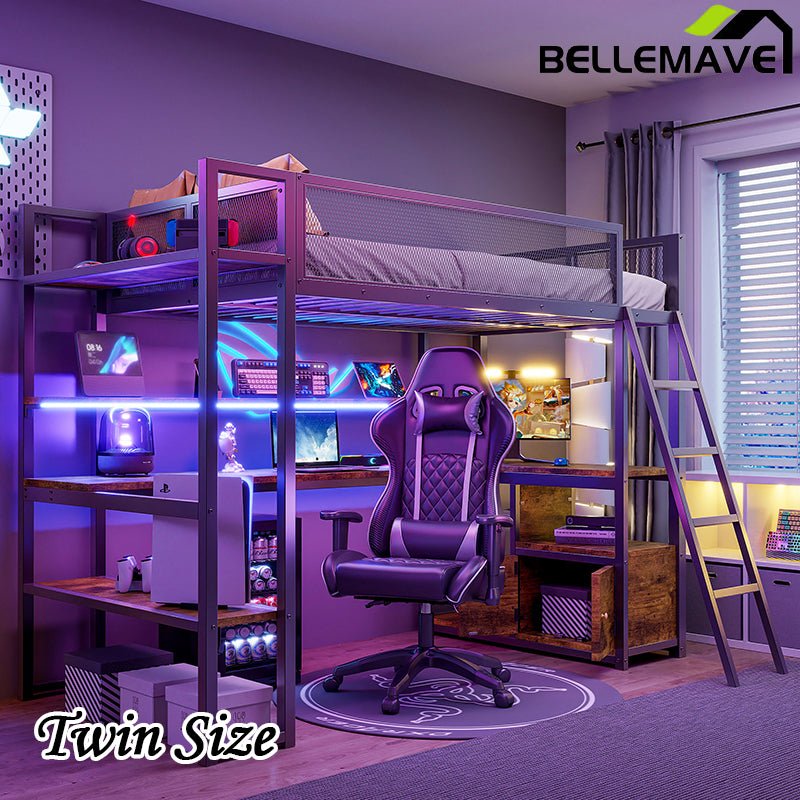 Bellemave® Twin Size Metal Loft Bed with Built - in Work Station, LED and Multiple Storage - Bellemave