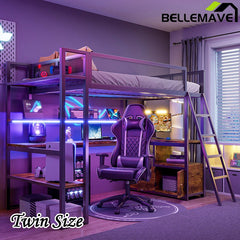 Bellemave® Twin Size Metal Loft Bed with Built - in Work Station, LED and Multiple Storage - Bellemave