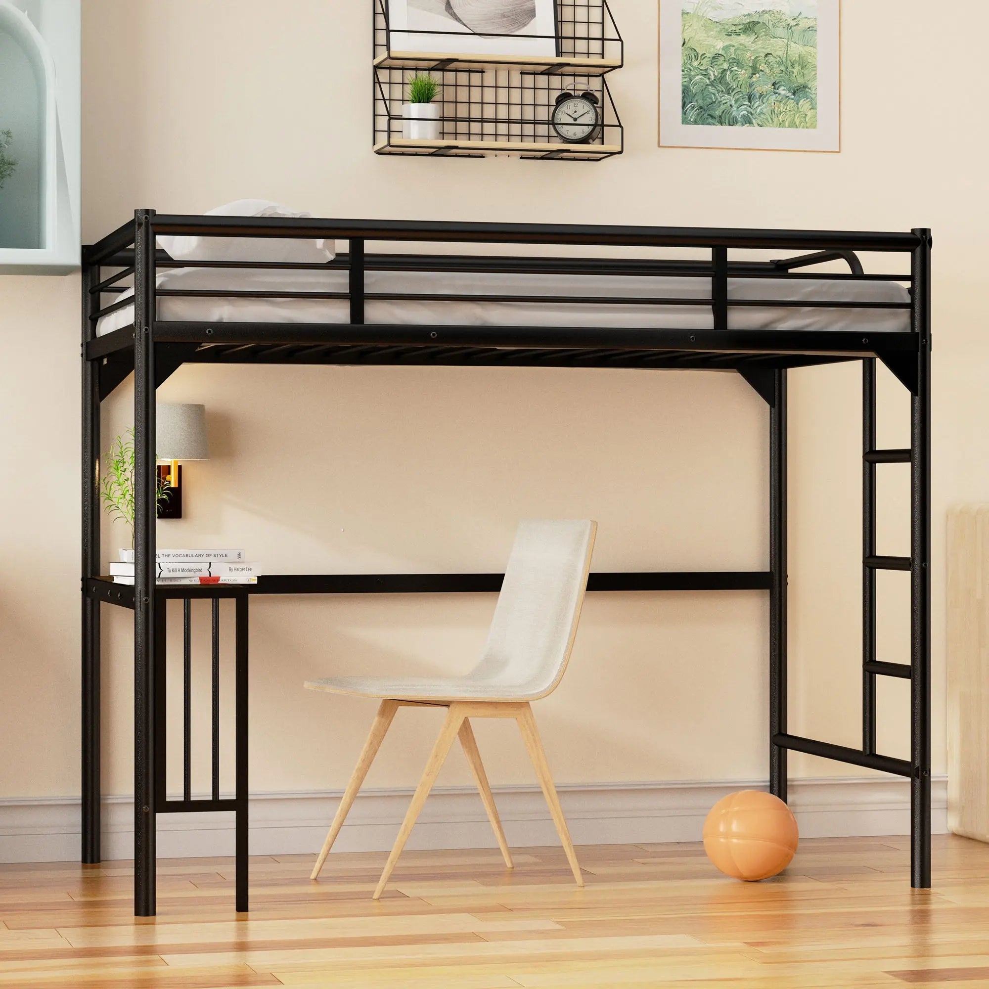 Bellemave® Twin Size Metal Loft Bed with Desk, Ladder and Guardrails - Bellemave