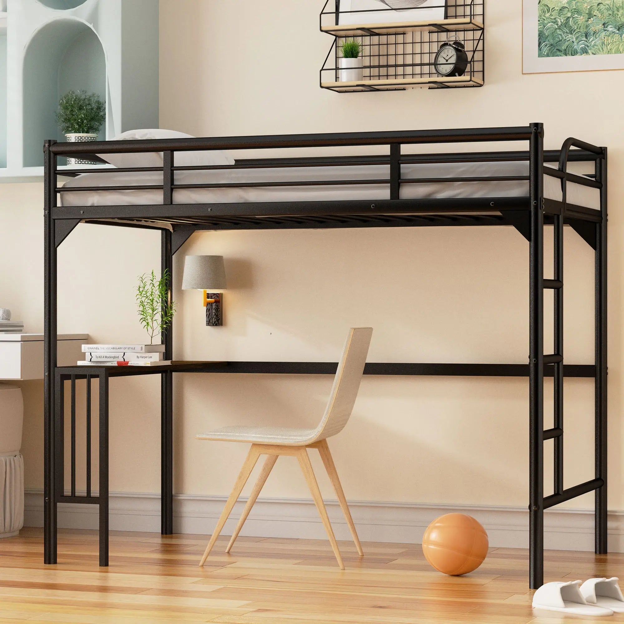 Bellemave® Twin Size Metal Loft Bed with Desk, Ladder and Guardrails - Bellemave