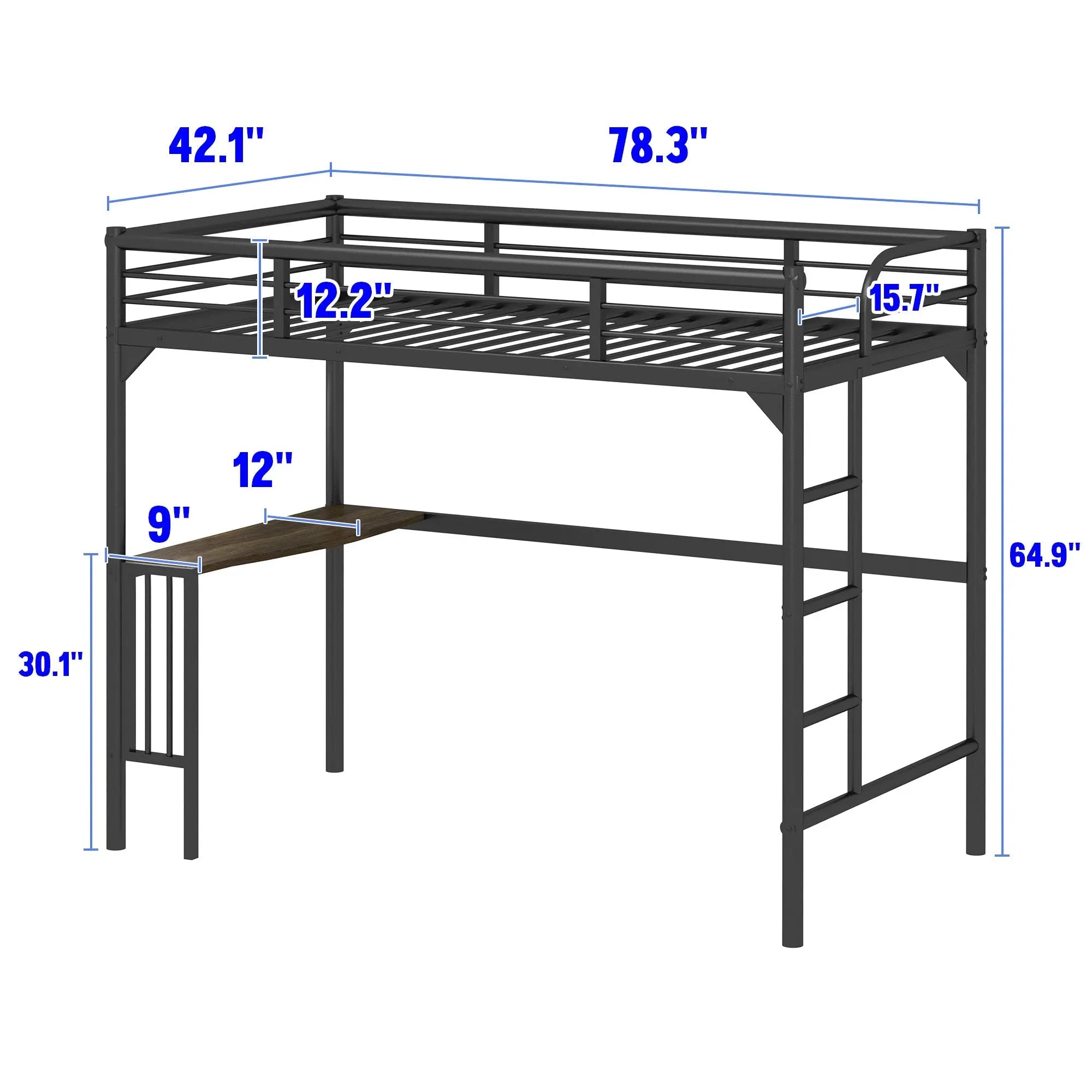 Bellemave® Twin Size Metal Loft Bed with Desk, Ladder and Guardrails - Bellemave