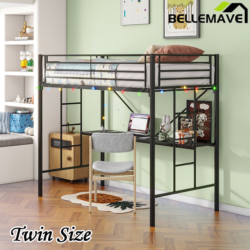 Bellemave® Twin Size Metal Loft Bed with Desk, Power Outlet and LED Lighted , Safety Guard & Ladder - Bellemave