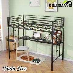 Bellemave® Twin Size Metal Loft Bed with Desk, Power Outlet and LED Lighted , Safety Guard & Ladder - Bellemave