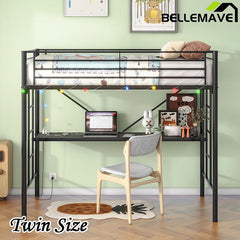 Bellemave® Twin Size Metal Loft Bed with Desk, Power Outlet and LED Lighted , Safety Guard & Ladder - Bellemave
