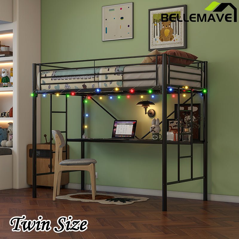 Bellemave® Twin Size Metal Loft Bed with Desk, Power Outlet and LED Lighted , Safety Guard & Ladder - Bellemave