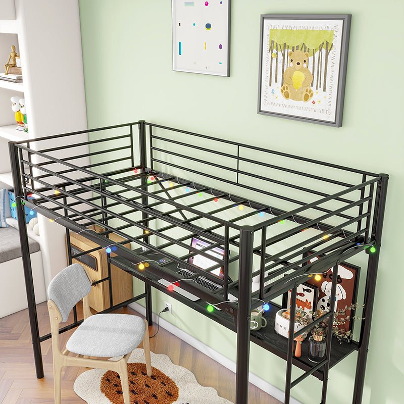 Bellemave® Twin Size Metal Loft Bed with Desk, Power Outlet and LED Lighted , Safety Guard & Ladder - Bellemave
