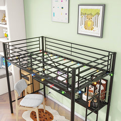 Bellemave® Twin Size Metal Loft Bed with Desk, Power Outlet and LED Lighted , Safety Guard & Ladder - Bellemave