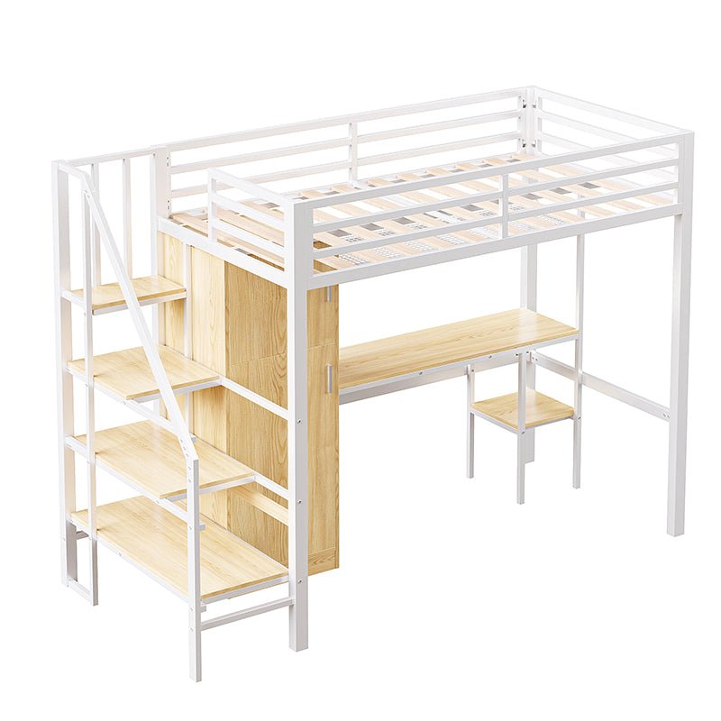 Bellemave® Twin Size Metal Loft Bed With Desk, Shelf, Wardrobe and Storage Staircase - Bellemave