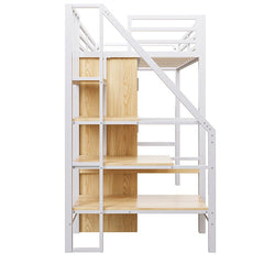 Bellemave® Twin Size Metal Loft Bed With Desk, Shelf, Wardrobe and Storage Staircase - Bellemave