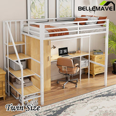 Bellemave® Twin Size Metal Loft Bed With Desk, Shelf, Wardrobe and Storage Staircase - Bellemave