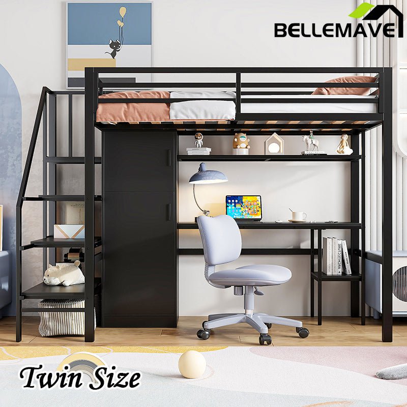 Bellemave® Twin Size Metal Loft Bed With Desk, Shelf, Wardrobe and Storage Staircase - Bellemave