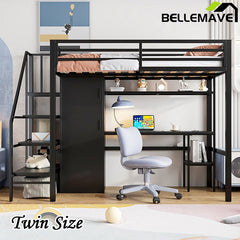 Bellemave® Twin Size Metal Loft Bed With Desk, Shelf, Wardrobe and Storage Staircase - Bellemave