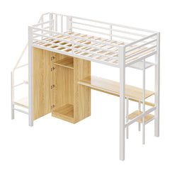 Bellemave® Twin Size Metal Loft Bed With Desk, Shelf, Wardrobe and Storage Staircase - Bellemave