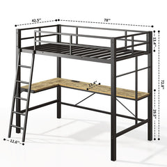 Bellemave® Twin Size Metal Loft Bed with L - Shaped Desk and Multifunctional Socket - Bellemave