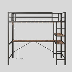 Bellemave® Twin Size Metal Loft Bed with L - Shaped Desk and Shelves, Charging Station, Led Lights, Safety Guard & Ladder - Bellemave