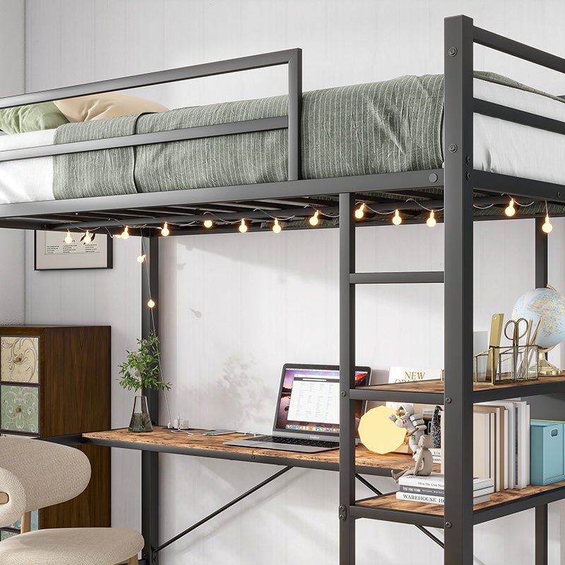 Bellemave® Twin Size Metal Loft Bed with L - Shaped Desk and Shelves, Charging Station, Led Lights, Safety Guard & Ladder - Bellemave