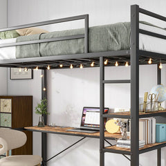 Bellemave® Twin Size Metal Loft Bed with L - Shaped Desk and Shelves, Charging Station, Led Lights, Safety Guard & Ladder - Bellemave
