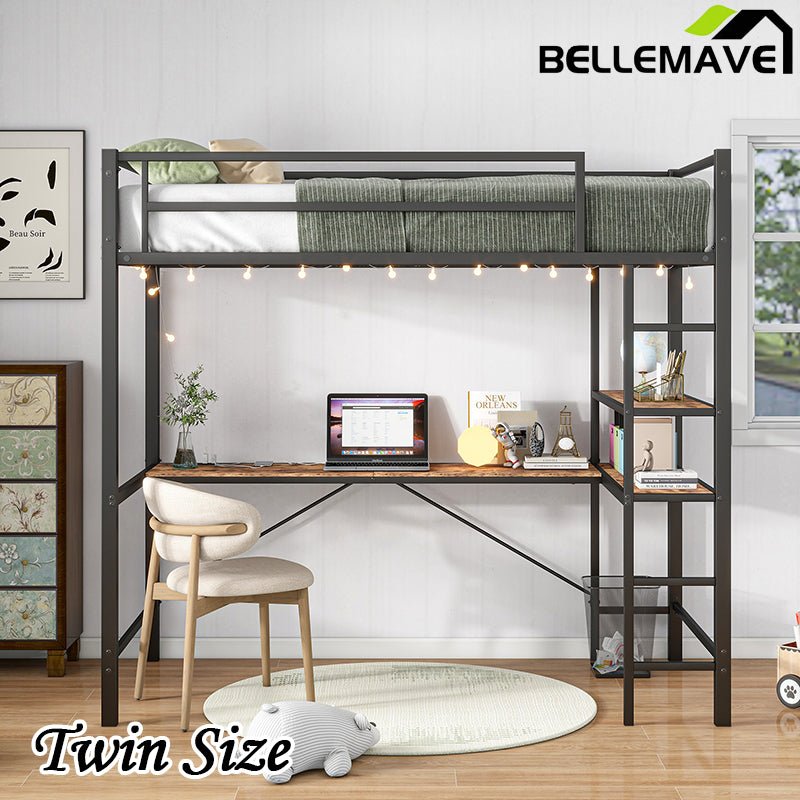 Bellemave® Twin Size Metal Loft Bed with L - Shaped Desk and Shelves, Charging Station, Led Lights, Safety Guard & Ladder - Bellemave