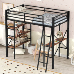 Bellemave® Twin Size Metal Loft Bed with Shelves and Desk - Bellemave
