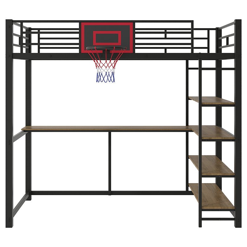 Bellemave® Twin Size Metal Loft Bed with Shelves, Desk and Basketball Hoop - Bellemave