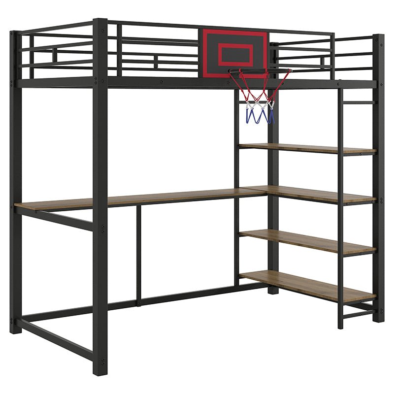 Bellemave® Twin Size Metal Loft Bed with Shelves, Desk and Basketball Hoop - Bellemave
