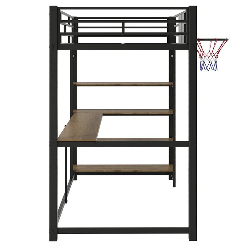 Bellemave® Twin Size Metal Loft Bed with Shelves, Desk and Basketball Hoop - Bellemave