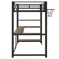 Bellemave® Twin Size Metal Loft Bed with Shelves, Desk and Basketball Hoop - Bellemave