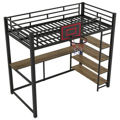 Bellemave® Twin Size Metal Loft Bed with Shelves, Desk and Basketball Hoop - Bellemave