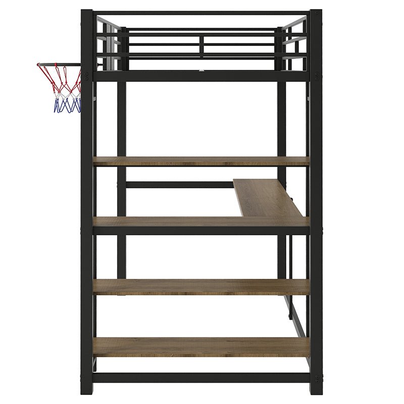 Bellemave® Twin Size Metal Loft Bed with Shelves, Desk and Basketball Hoop - Bellemave