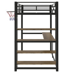 Bellemave® Twin Size Metal Loft Bed with Shelves, Desk and Basketball Hoop - Bellemave