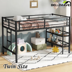 Bellemave® Twin Size Metal Loft Bed with Storage Shelf, Easy Climbing Ladder and Guardrails - Bellemave