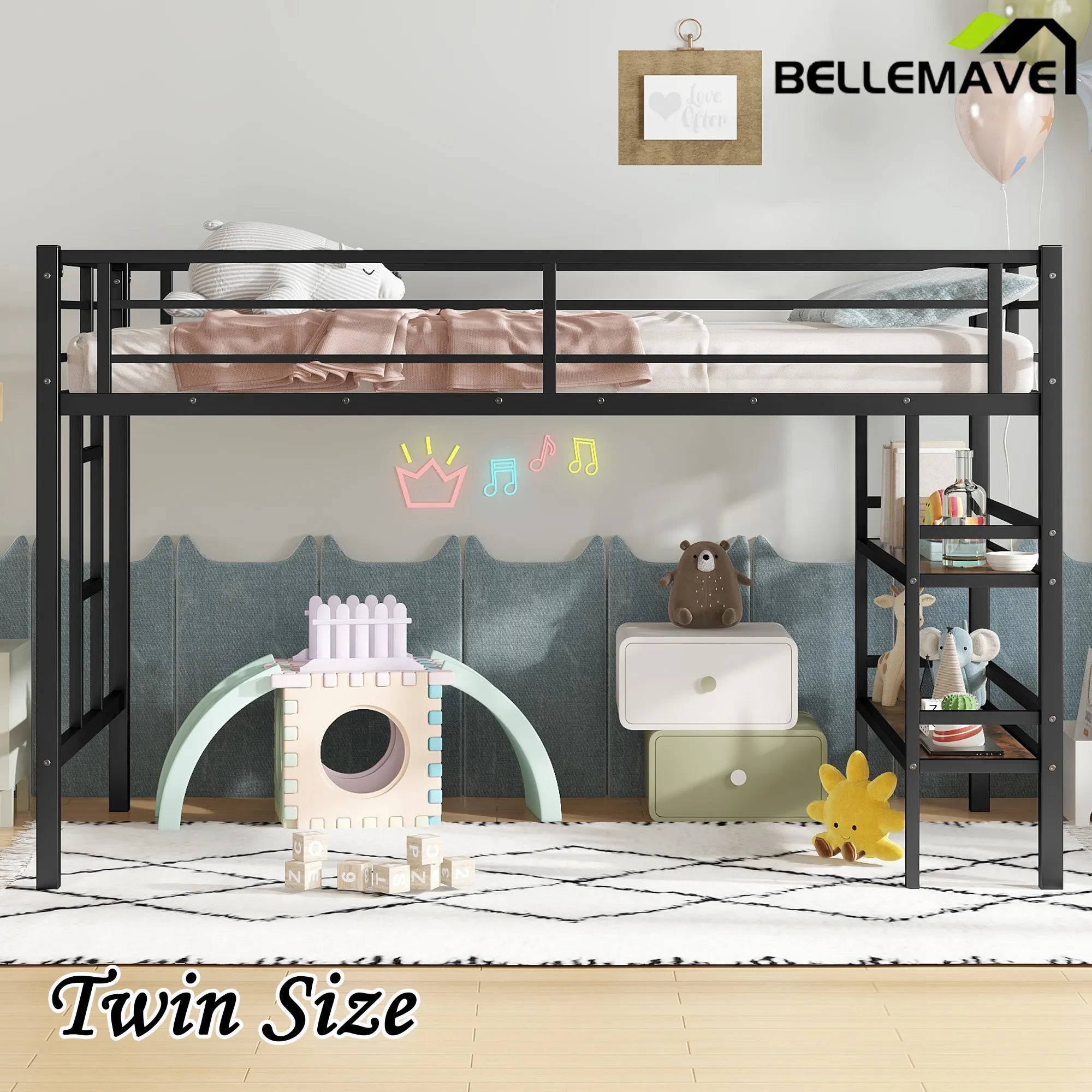 Bellemave® Twin Size Metal Loft Bed with Storage Shelf, Easy Climbing Ladder and Guardrails - Bellemave