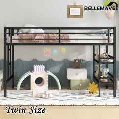 Bellemave® Twin Size Metal Loft Bed with Storage Shelf, Easy Climbing Ladder and Guardrails - Bellemave